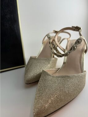 Gold Glitter Pointed Toe Ankle Strap Women's Heels